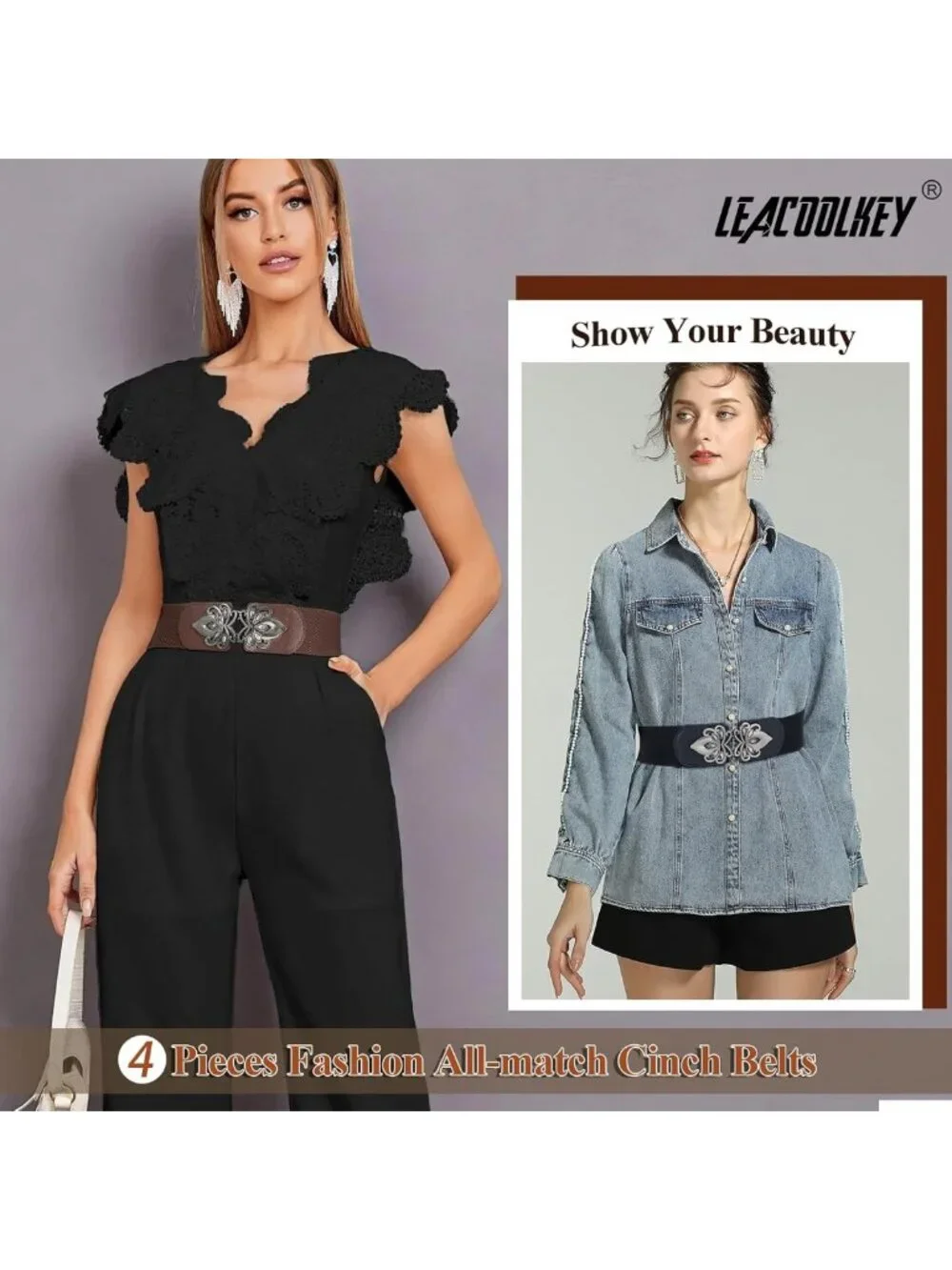 4 Pack Women's Wide Elastic Waist Belts - Plus Size Vintage Stretch Retro Buckle